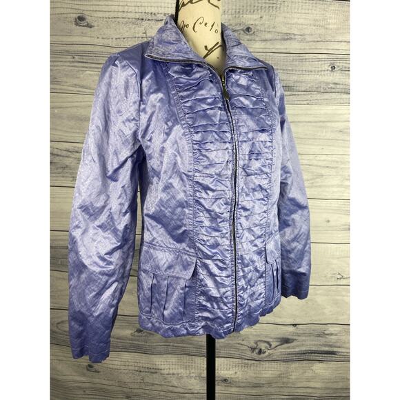 Chicos 0 Zip Up Jacket Womens Small 4 Shirred Shimmer Long Sleeves Lined Pockets - Picture 1 of 13